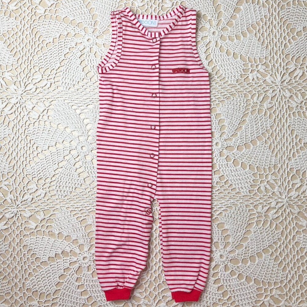 Vintage 1980s Sasson Baby Boy 12 Months Red Striped Knit Overall Romper